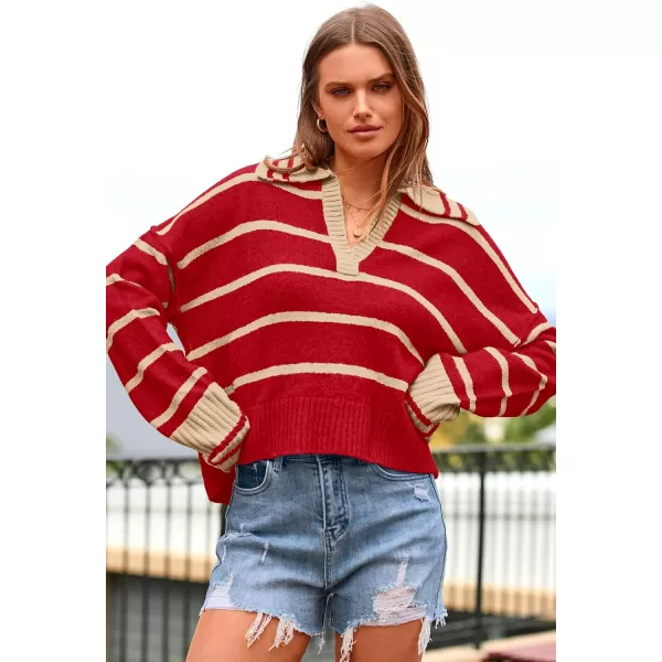 imagePRETTYGARDEN Womens Pullover Striped Sweaters Casual Lapel V Neck Long Sleeve Ribbed Knit Loose Jumper TopRed