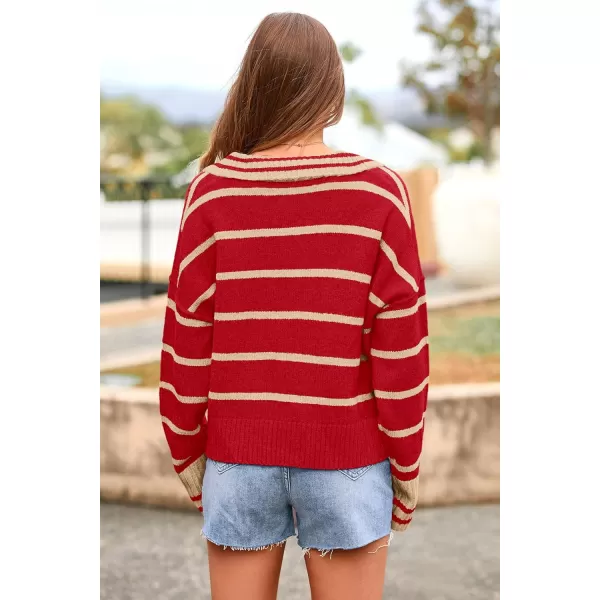 imagePRETTYGARDEN Womens Pullover Striped Sweaters Casual Lapel V Neck Long Sleeve Ribbed Knit Loose Jumper TopRed