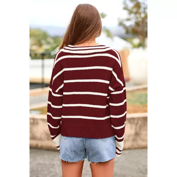 imagePRETTYGARDEN Womens Pullover Striped Sweaters Casual Lapel V Neck Long Sleeve Ribbed Knit Loose Jumper TopWine Red