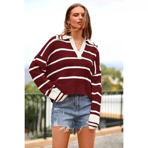 imagePRETTYGARDEN Womens Pullover Striped Sweaters Casual Lapel V Neck Long Sleeve Ribbed Knit Loose Jumper TopWine Red
