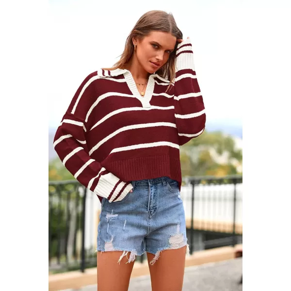 imagePRETTYGARDEN Womens Pullover Striped Sweaters Casual Lapel V Neck Long Sleeve Ribbed Knit Loose Jumper TopWine Red