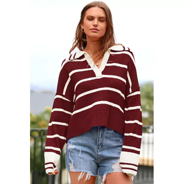 imagePRETTYGARDEN Womens Pullover Striped Sweaters Casual Lapel V Neck Long Sleeve Ribbed Knit Loose Jumper TopWine Red