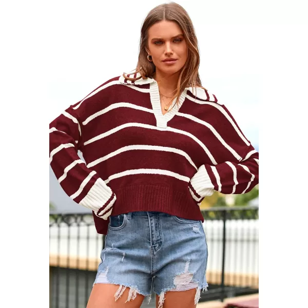 imagePRETTYGARDEN Womens Pullover Striped Sweaters Casual Lapel V Neck Long Sleeve Ribbed Knit Loose Jumper TopWine Red