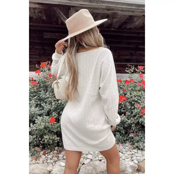 imagePRETTYGARDEN Womens Pullover Sweater Dresses Casual Long Sleeve Ribbed Knit Crewneck Loose Oversized SweatersBeige White