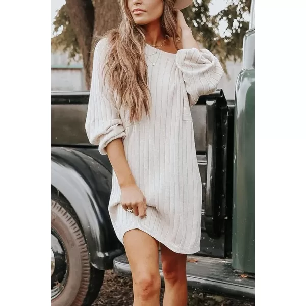 imagePRETTYGARDEN Womens Pullover Sweater Dresses Casual Long Sleeve Ribbed Knit Crewneck Loose Oversized SweatersBeige White