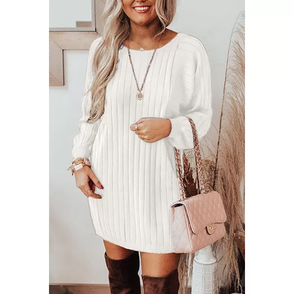 imagePRETTYGARDEN Womens Pullover Sweater Dresses Casual Long Sleeve Ribbed Knit Crewneck Loose Oversized SweatersBeige White