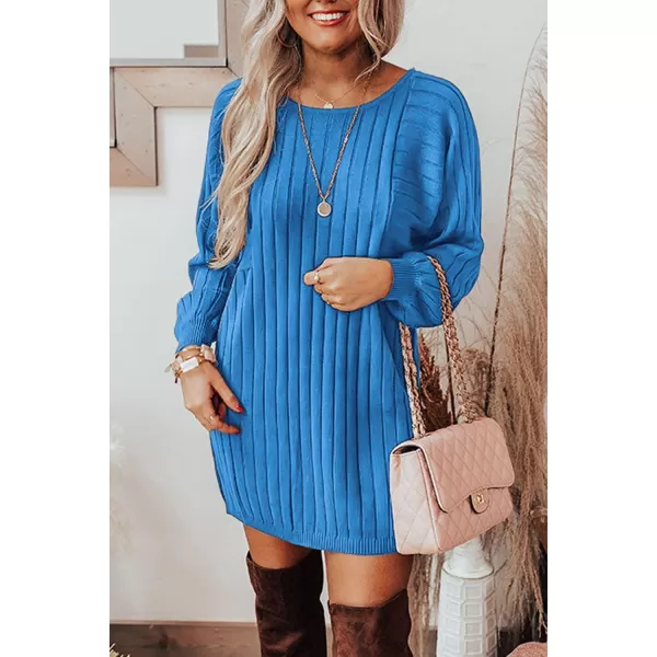 imagePRETTYGARDEN Womens Pullover Sweater Dresses Casual Long Sleeve Ribbed Knit Crewneck Loose Oversized SweatersBlue