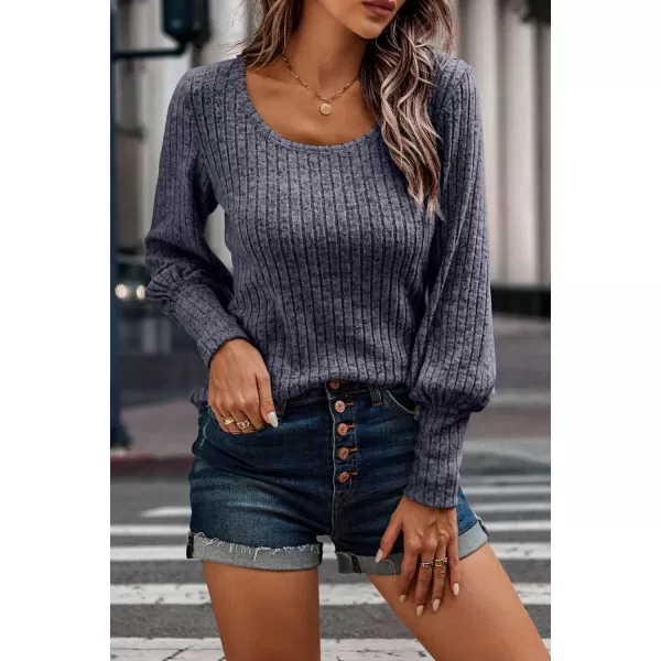 imagePRETTYGARDEN Womens Pullover Sweaters Long Lantern Sleeve Casual Crew Neck Ribbed Knit Jumper Blouse TopsBright Blue