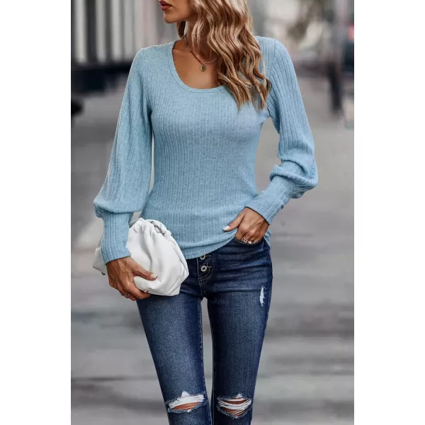 imagePRETTYGARDEN Womens Pullover Sweaters Long Lantern Sleeve Casual Crew Neck Ribbed Knit Jumper Blouse TopsLight Blue