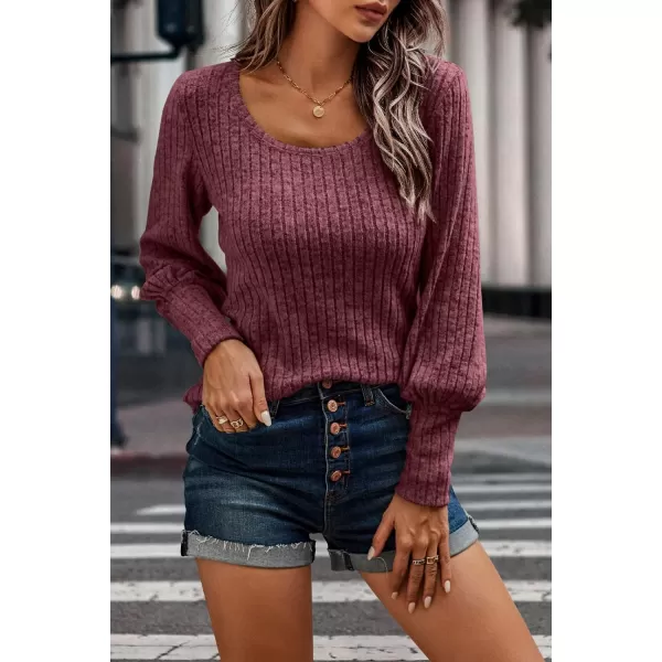 imagePRETTYGARDEN Womens Pullover Sweaters Long Lantern Sleeve Casual Crew Neck Ribbed Knit Jumper Blouse TopsWine Red