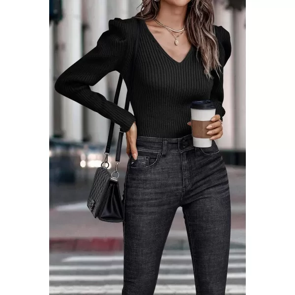 imagePRETTYGARDEN Womens Rib Knit Pullover Sweater Casual Long Puff Sleeve V Neck Solid Color Jumper Blouse TopsBlack