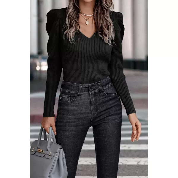 imagePRETTYGARDEN Womens Rib Knit Pullover Sweater Casual Long Puff Sleeve V Neck Solid Color Jumper Blouse TopsBlack
