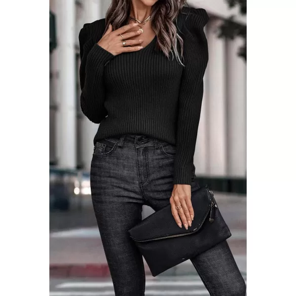 imagePRETTYGARDEN Womens Rib Knit Pullover Sweater Casual Long Puff Sleeve V Neck Solid Color Jumper Blouse TopsBlack