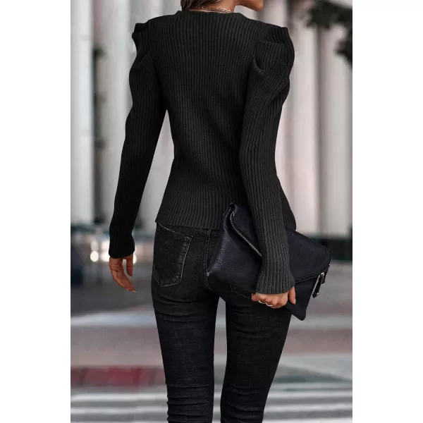 imagePRETTYGARDEN Womens Rib Knit Pullover Sweater Casual Long Puff Sleeve V Neck Solid Color Jumper Blouse TopsBlack