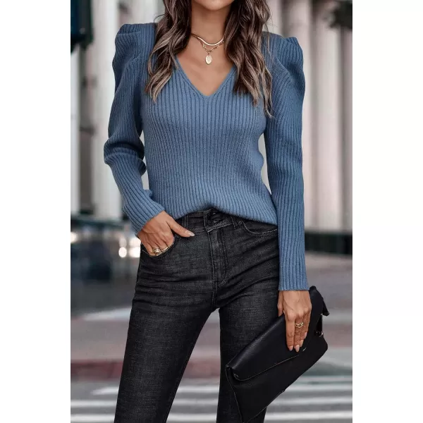 imagePRETTYGARDEN Womens Rib Knit Pullover Sweater Casual Long Puff Sleeve V Neck Solid Color Jumper Blouse TopsBlue Grey