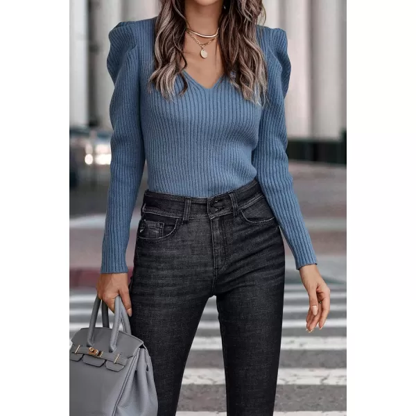imagePRETTYGARDEN Womens Rib Knit Pullover Sweater Casual Long Puff Sleeve V Neck Solid Color Jumper Blouse TopsBlue Grey