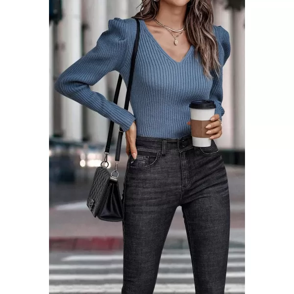 imagePRETTYGARDEN Womens Rib Knit Pullover Sweater Casual Long Puff Sleeve V Neck Solid Color Jumper Blouse TopsBlue Grey