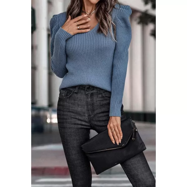 imagePRETTYGARDEN Womens Rib Knit Pullover Sweater Casual Long Puff Sleeve V Neck Solid Color Jumper Blouse TopsBlue Grey
