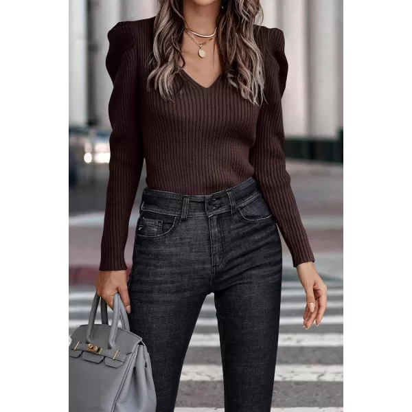 imagePRETTYGARDEN Womens Rib Knit Pullover Sweater Casual Long Puff Sleeve V Neck Solid Color Jumper Blouse TopsBrown