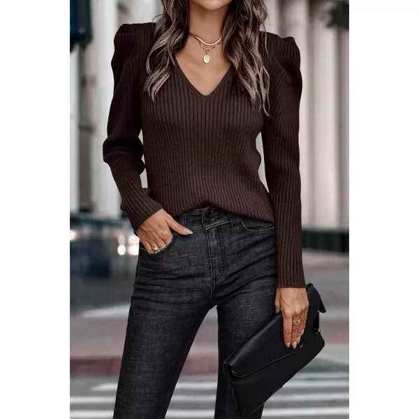 imagePRETTYGARDEN Womens Rib Knit Pullover Sweater Casual Long Puff Sleeve V Neck Solid Color Jumper Blouse TopsBrown