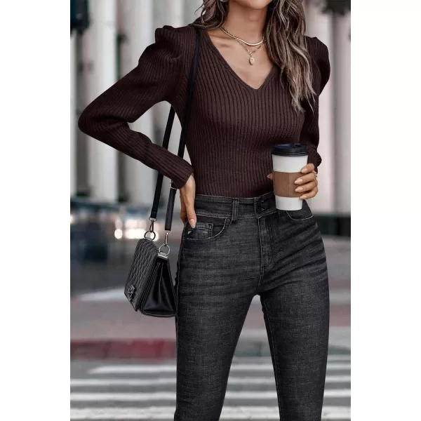 imagePRETTYGARDEN Womens Rib Knit Pullover Sweater Casual Long Puff Sleeve V Neck Solid Color Jumper Blouse TopsBrown