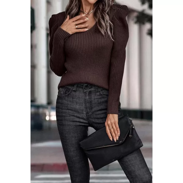 imagePRETTYGARDEN Womens Rib Knit Pullover Sweater Casual Long Puff Sleeve V Neck Solid Color Jumper Blouse TopsBrown