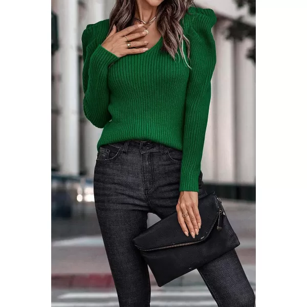 imagePRETTYGARDEN Womens Rib Knit Pullover Sweater Casual Long Puff Sleeve V Neck Solid Color Jumper Blouse TopsDark Green