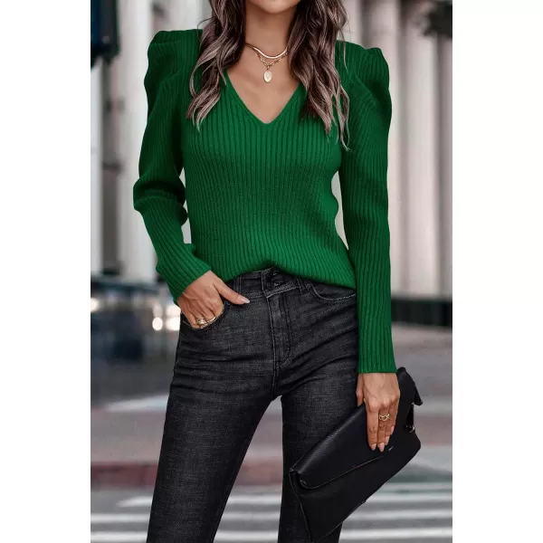 imagePRETTYGARDEN Womens Rib Knit Pullover Sweater Casual Long Puff Sleeve V Neck Solid Color Jumper Blouse TopsDark Green