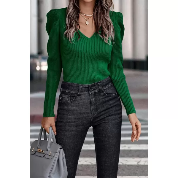 imagePRETTYGARDEN Womens Rib Knit Pullover Sweater Casual Long Puff Sleeve V Neck Solid Color Jumper Blouse TopsDark Green