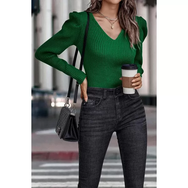 imagePRETTYGARDEN Womens Rib Knit Pullover Sweater Casual Long Puff Sleeve V Neck Solid Color Jumper Blouse TopsDark Green