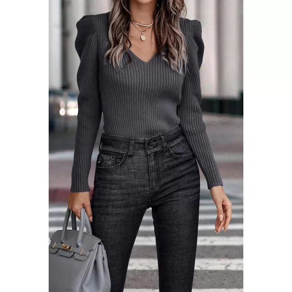 imagePRETTYGARDEN Womens Rib Knit Pullover Sweater Casual Long Puff Sleeve V Neck Solid Color Jumper Blouse TopsDark Grey