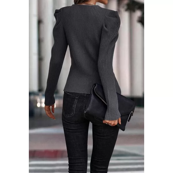 imagePRETTYGARDEN Womens Rib Knit Pullover Sweater Casual Long Puff Sleeve V Neck Solid Color Jumper Blouse TopsDark Grey