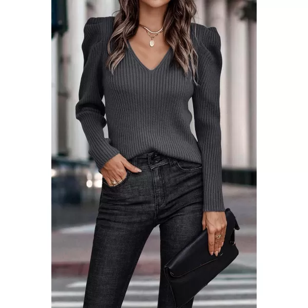 imagePRETTYGARDEN Womens Rib Knit Pullover Sweater Casual Long Puff Sleeve V Neck Solid Color Jumper Blouse TopsDark Grey