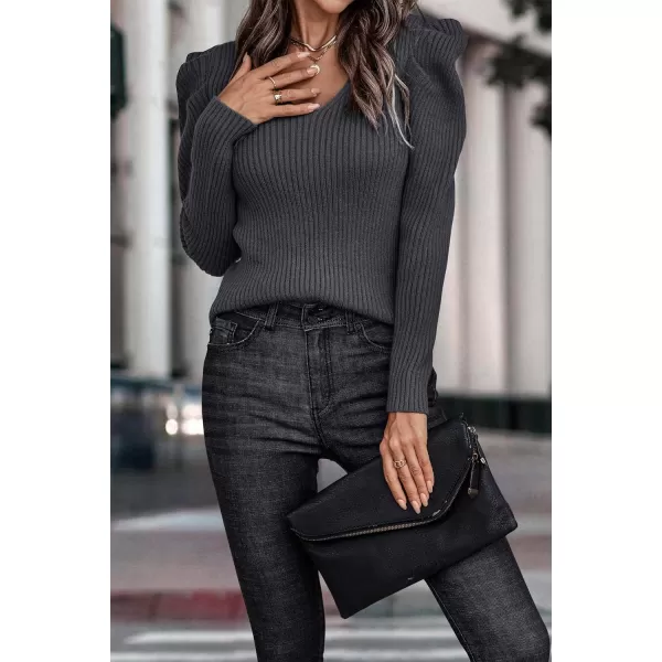 imagePRETTYGARDEN Womens Rib Knit Pullover Sweater Casual Long Puff Sleeve V Neck Solid Color Jumper Blouse TopsDark Grey