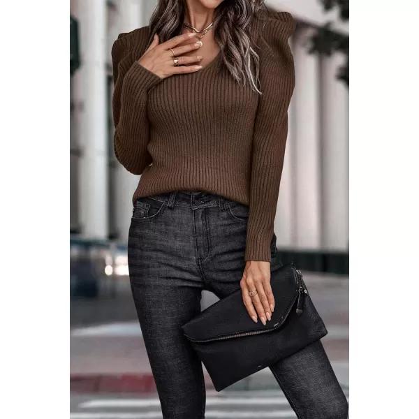imagePRETTYGARDEN Womens Rib Knit Pullover Sweater Casual Long Puff Sleeve V Neck Solid Color Jumper Blouse TopsLight Camel