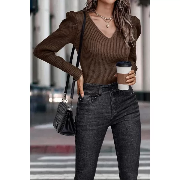 imagePRETTYGARDEN Womens Rib Knit Pullover Sweater Casual Long Puff Sleeve V Neck Solid Color Jumper Blouse TopsLight Camel