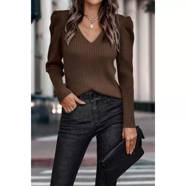 imagePRETTYGARDEN Womens Rib Knit Pullover Sweater Casual Long Puff Sleeve V Neck Solid Color Jumper Blouse TopsLight Camel