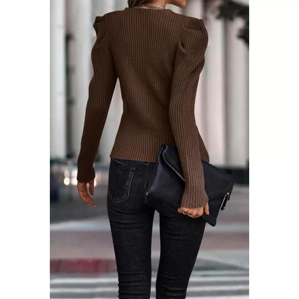 imagePRETTYGARDEN Womens Rib Knit Pullover Sweater Casual Long Puff Sleeve V Neck Solid Color Jumper Blouse TopsLight Camel