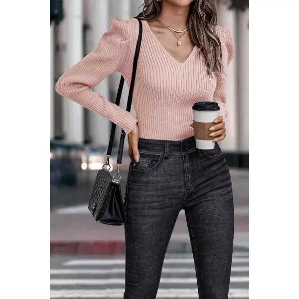 imagePRETTYGARDEN Womens Rib Knit Pullover Sweater Casual Long Puff Sleeve V Neck Solid Color Jumper Blouse TopsLight Pink