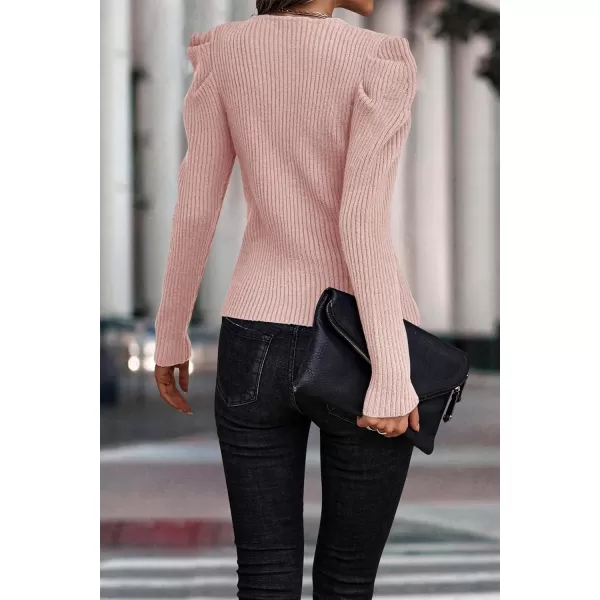imagePRETTYGARDEN Womens Rib Knit Pullover Sweater Casual Long Puff Sleeve V Neck Solid Color Jumper Blouse TopsLight Pink