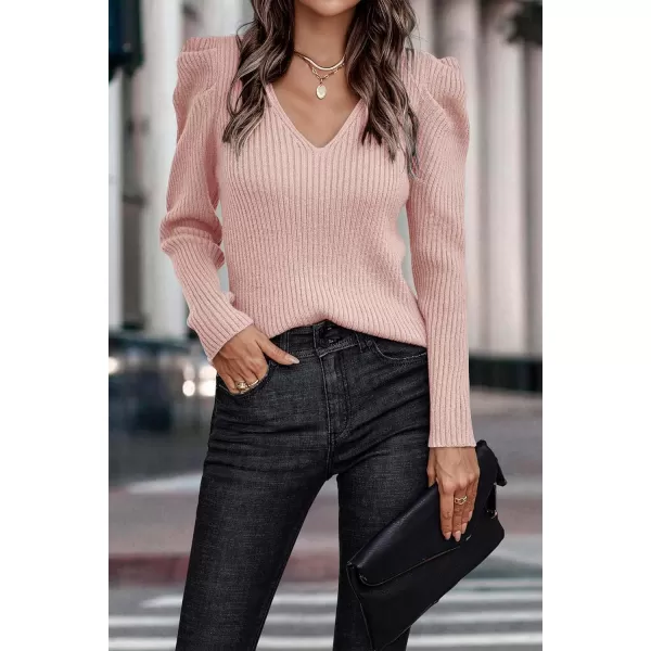 imagePRETTYGARDEN Womens Rib Knit Pullover Sweater Casual Long Puff Sleeve V Neck Solid Color Jumper Blouse TopsLight Pink