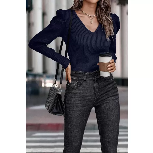 imagePRETTYGARDEN Womens Rib Knit Pullover Sweater Casual Long Puff Sleeve V Neck Solid Color Jumper Blouse TopsNavy