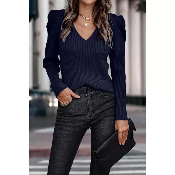 imagePRETTYGARDEN Womens Rib Knit Pullover Sweater Casual Long Puff Sleeve V Neck Solid Color Jumper Blouse TopsNavy