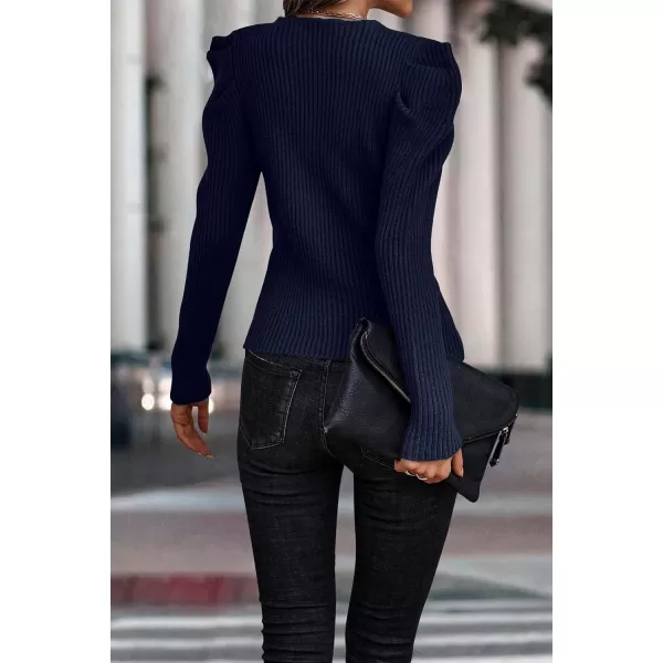 imagePRETTYGARDEN Womens Rib Knit Pullover Sweater Casual Long Puff Sleeve V Neck Solid Color Jumper Blouse TopsNavy