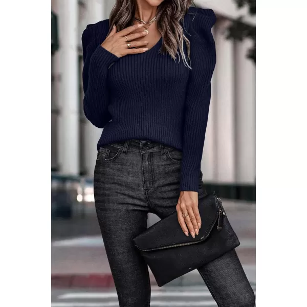 imagePRETTYGARDEN Womens Rib Knit Pullover Sweater Casual Long Puff Sleeve V Neck Solid Color Jumper Blouse TopsNavy