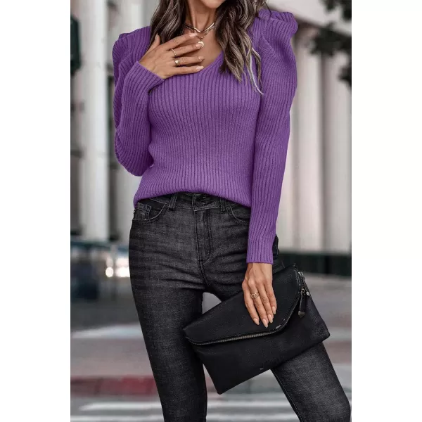 imagePRETTYGARDEN Womens Rib Knit Pullover Sweater Casual Long Puff Sleeve V Neck Solid Color Jumper Blouse TopsPurple