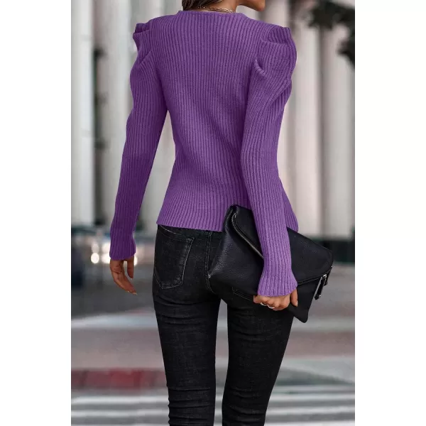 imagePRETTYGARDEN Womens Rib Knit Pullover Sweater Casual Long Puff Sleeve V Neck Solid Color Jumper Blouse TopsPurple