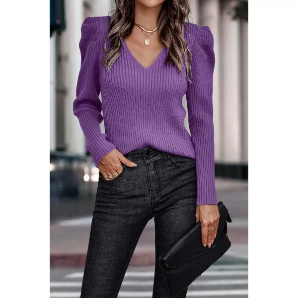 imagePRETTYGARDEN Womens Rib Knit Pullover Sweater Casual Long Puff Sleeve V Neck Solid Color Jumper Blouse TopsPurple