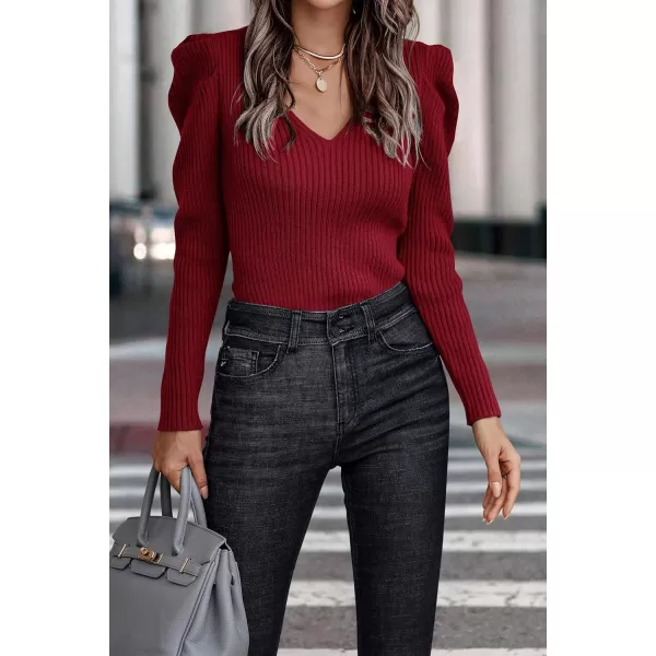 imagePRETTYGARDEN Womens Rib Knit Pullover Sweater Casual Long Puff Sleeve V Neck Solid Color Jumper Blouse TopsRed