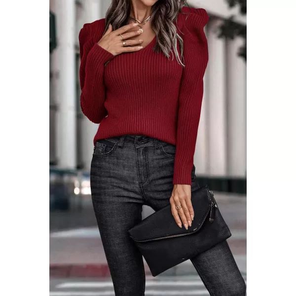 imagePRETTYGARDEN Womens Rib Knit Pullover Sweater Casual Long Puff Sleeve V Neck Solid Color Jumper Blouse TopsRed